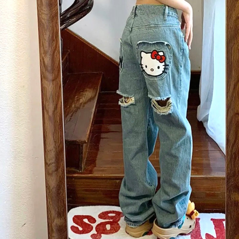 Hello Kitty Inspired Distressed High Waisted Wide Leg Baggy Jeans