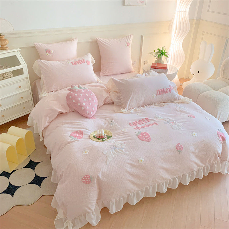 Pink Teddy Bear Pattern Aesthetic Kawaii Cute Cotton Bedding Duvet Cov –  PeachyBaby