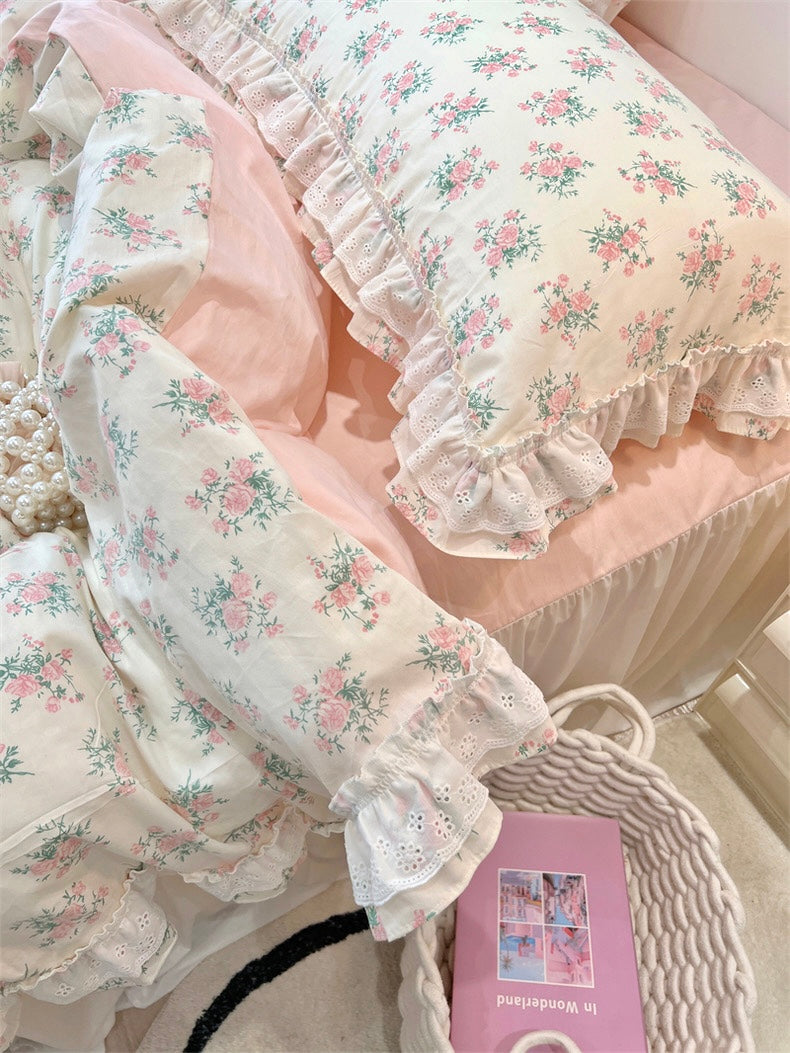 Aesthetic Pink Floral Ruffle Edge Cotton Bedding Duvet Sheet Set Singl –  PeachyBaby