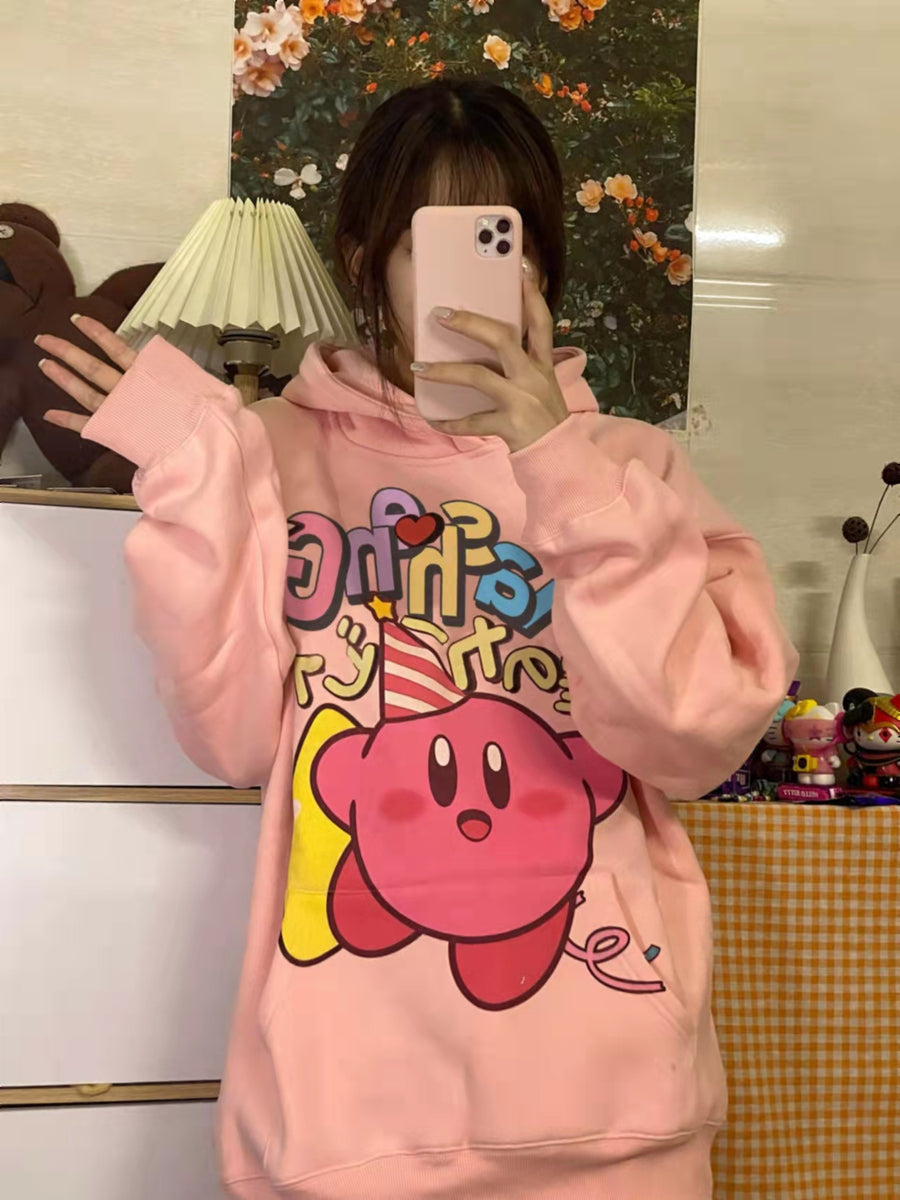 Kirby Happy Big Face Long Sleeve Cradle Pink Men's Hooded Sweatshirt-Small