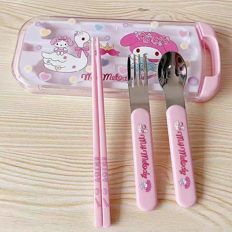 My Melody Lunch Tableware Spoon Chopsticks Fork Utensils Set in Case Pink  Sanrio Inspired by You.