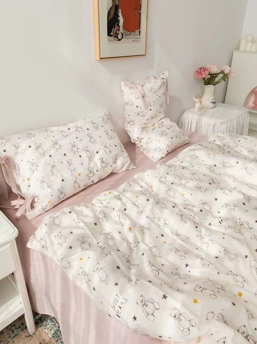 Pink Teddy Bear Pattern Aesthetic Kawaii Cute Cotton Bedding Duvet