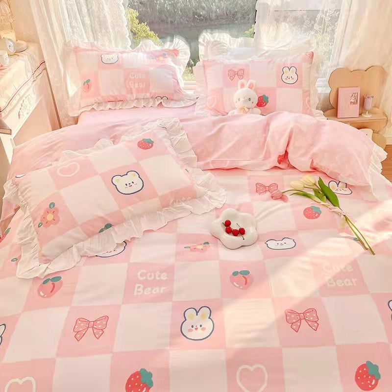 Pink Teddy Bear Pattern Aesthetic Kawaii Cute Cotton Bedding Duvet Cov –  PeachyBaby