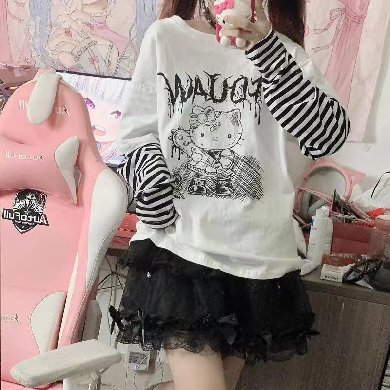 Hello Kitty Inspired Pink and Black Grunge Long Sleeve T-shirt – PeachyBaby