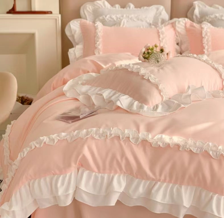 Aesthetic Pink Floral Ruffle Edge Cotton Bedding Duvet Sheet Set Singl –  PeachyBaby