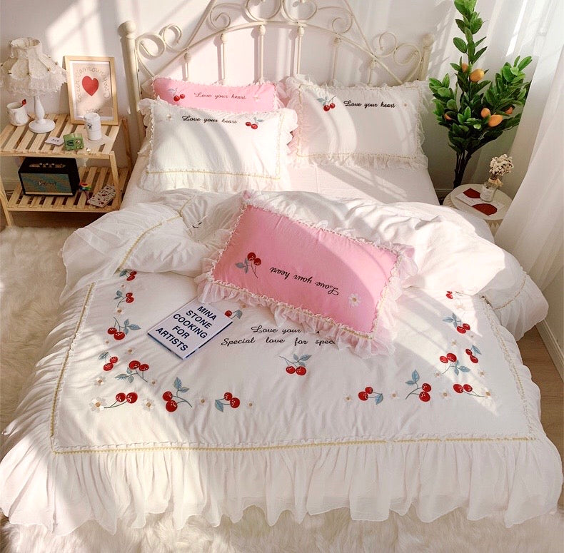 Aesthetic Pink Floral Ruffle Edge Cotton Bedding Duvet Sheet Set Singl –  PeachyBaby