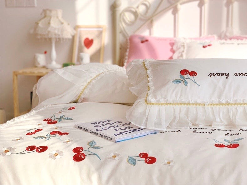 Aesthetic Pink Floral Ruffle Edge Cotton Bedding Duvet Sheet Set Singl –  PeachyBaby