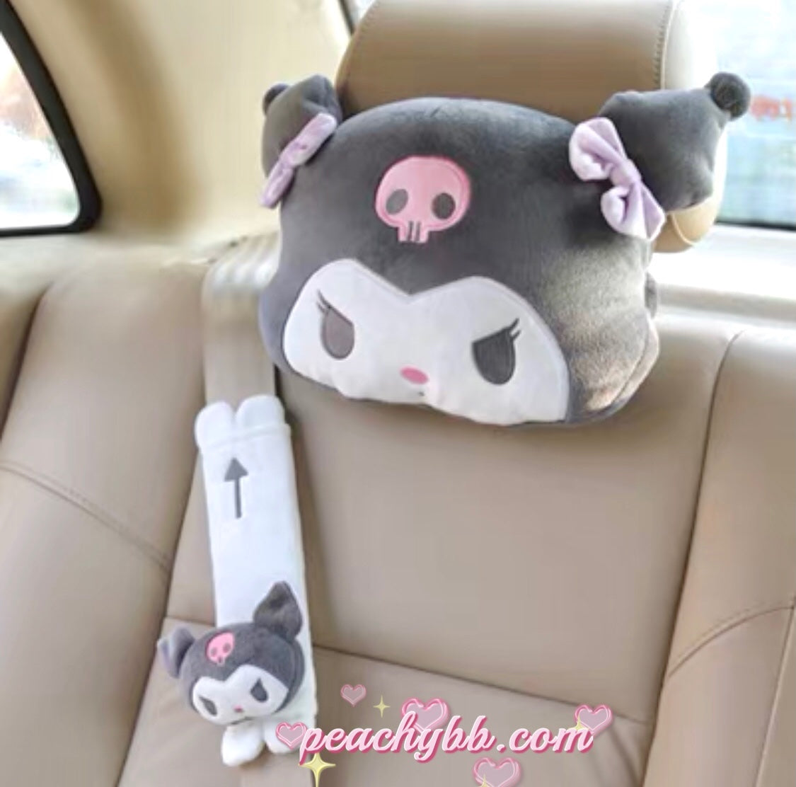 2pcs Cute Kuromi Auto Car Neck Pillow Headrest & Seat Belt Cover Shoulder  Pad
