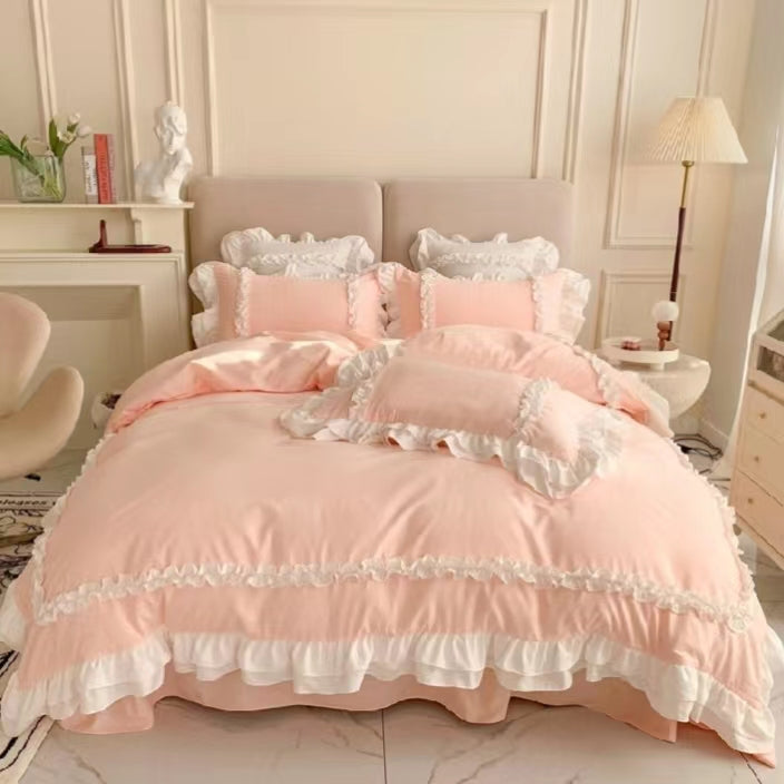 Aesthetic Pink Floral Ruffle Edge Cotton Bedding Duvet Sheet Set Singl –  PeachyBaby