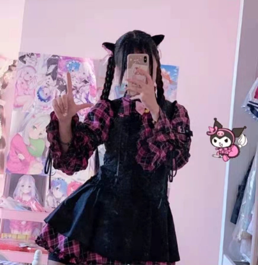 Pink and Black Plaid Punk Kitty Long Sleeve Lolita Harajuku Dress –  PeachyBaby