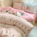 Pastel Aesthetic Bear and Strawberry Pink Cotton Bedding Duvet Cover Set