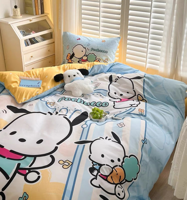 Pochacco Inspired Blue and Yellow Cotton Bedding Duvet Cover Set