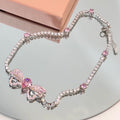 Kawaii Bow Shape Immitation Pink Diamond Necklace Bracelet Ring Earrings