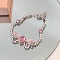 Kawaii Bow Shape Immitation Pink Diamond Necklace Bracelet Ring Earrings