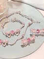 Kawaii Bow Shape Immitation Pink Diamond Necklace Bracelet Ring Earrings