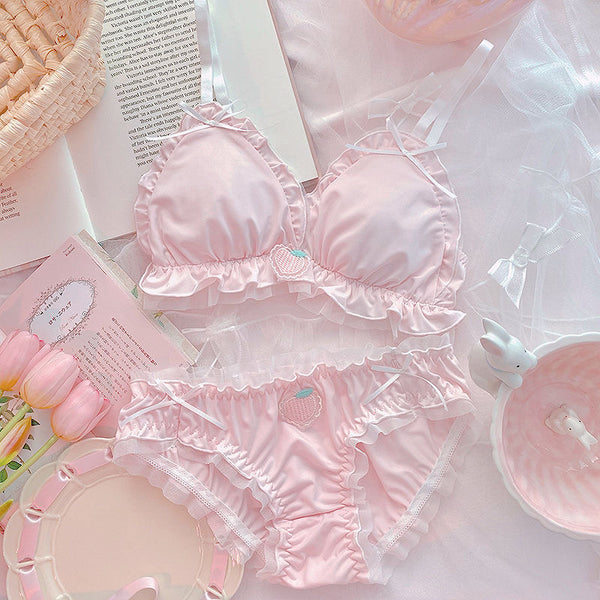Strawberry Pink and White Ruffle Edge Kawaii Bra and Underwear Set