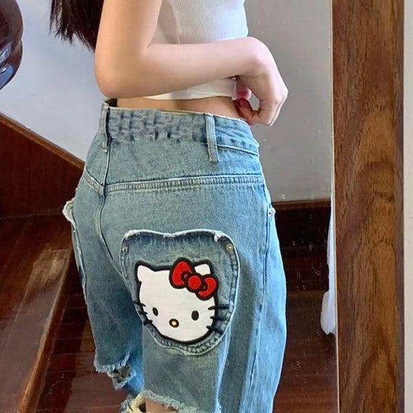 Hello Kitty Inspired Distressed High Waisted Wide Leg Baggy Jeans