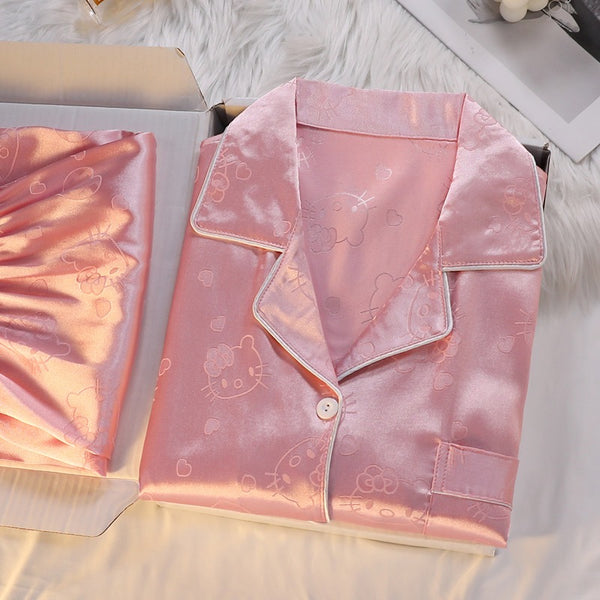Hello Kitty Inspired Pink and White Satin Short Sleeve 2 Pcs Pajama Set