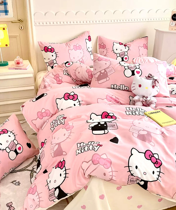 Hello Kitty Inspired Pink Cute heart Poke-dot Cotton Bedding Duvet Cover Set Single Twin Queen King Size
