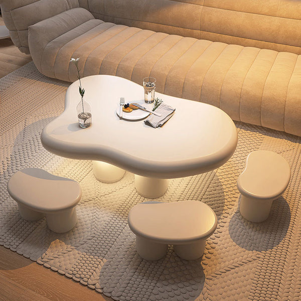 Cloud Shape Modern Tea Table in Ivory White with Stools