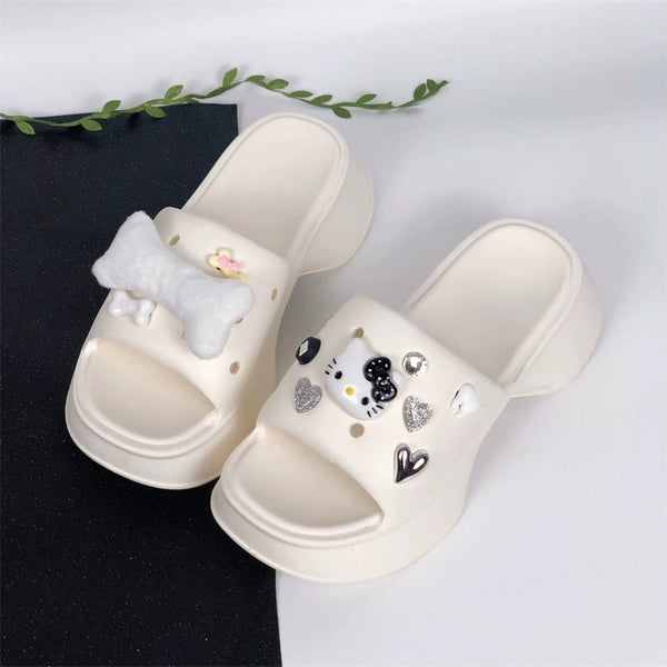 Hello Kitty Inspired PU Leather Platform Outdoor Slippers in Black Pink and White