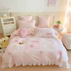 Aesthetic Pink Floral Ruffle Edge Cotton Bedding Duvet Sheet Set Singl –  PeachyBaby