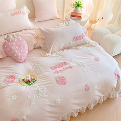 Aesthetic Pink Floral Ruffle Edge Cotton Bedding Duvet Sheet Set Singl –  PeachyBaby