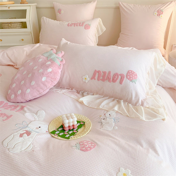 Kawaii Cute Strawberry and Bunny Baby Pink Ruffle Edge Cotton Bedding Duvet Cover Set