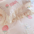 Kawaii Cute Strawberry and Bunny Baby Pink Ruffle Edge Cotton Bedding Duvet Cover Set