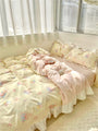 Baby Yellow and Pink Soft Aesthetic Bunny Ruffle Edge Cotton Bedding 4 pcs Duvet Cover Set