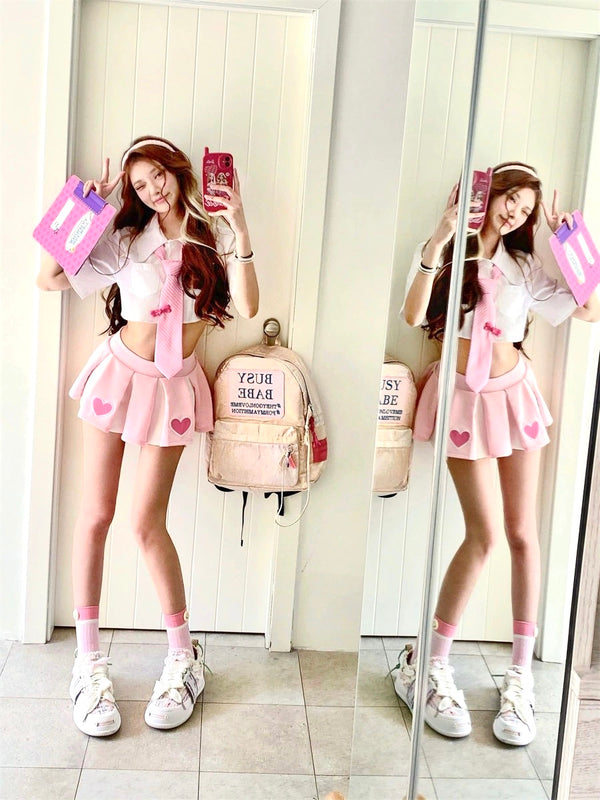 Kawaii E-girl Doll Aesthetic Pink 3 Pcs School Outfit Button-front Short Sleeve Top + Pleated Mini Skirt + Pre-tied Tie