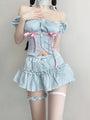 Kawaii Doll Aesthetic Blue Vertical Stripes Top and Mini Skirt