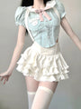 Kawaii Blue Doll Aesthetic Peter-Pan Collar Top and Cream White Ruffled Suspender Skirt