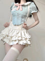 Kawaii Blue Doll Aesthetic Peter-Pan Collar Top and Cream White Ruffled Suspender Skirt