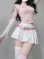 Soft Kawaii Aesthetic Pink Short Sleeve Top + White Pleated Skirt Set + Hello Kitty Inspired Pink Belt