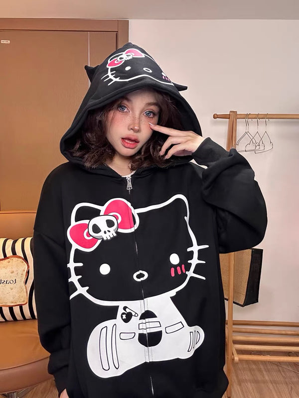 Hello Kitty Inspired Oversized Zip Closure Hooded Jacket in Black and White