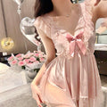 Elegant Princessy Lace Edge Bow Front Pink and White Satin Lingerie Dress Pajama