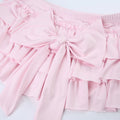 Cute Pastel Pink Layered Ruffle Mini Skirt with Bow on the Back