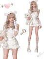 Soft Kawaii Doll Aesthetic White Halter Top Lace Hat Gloves and Mini Skirt 4 Pcs Set