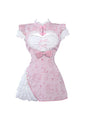 Soft Kawaii Chinese Aesthetic QiPao Pink Body-con Dress with Ruffle Edge Collar