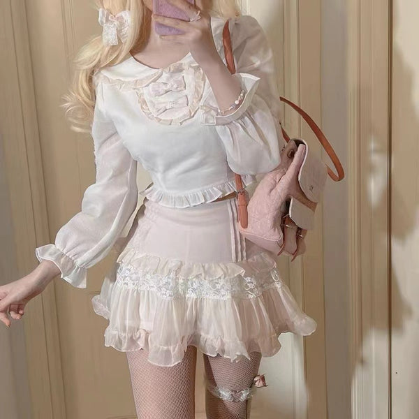 Princessy Soft Kawaii Aesthetic Pastel Cream Flounce Lolita Sleeve Blouse Button Front Long Sleeve Top and Mesh and Lace Skirt