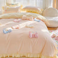 Kawaii Hello Bunny Bear Duck Pink and Yellow Ruffle Edge Cotton Bedding Duvet Cover Set Queen King Size
