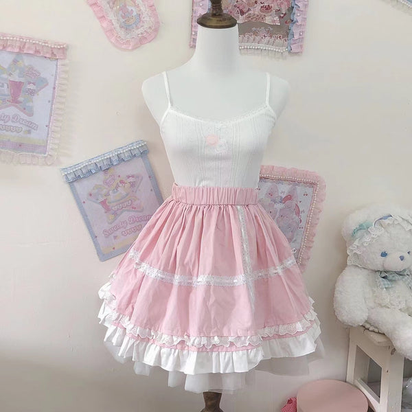 Soft Kawaii Lolita Baby Pink Black Blue White Cream Ruffled Edge Layered Skirt
