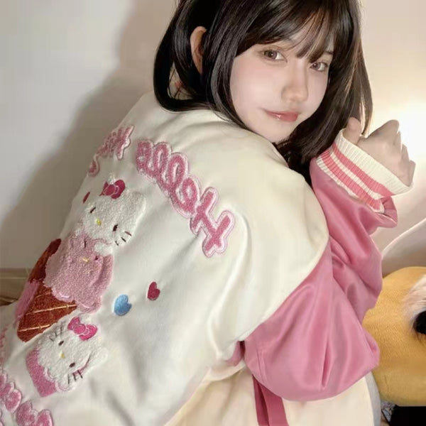 Hello Kitty Inspired Plush Embroidered Baseball Jacket