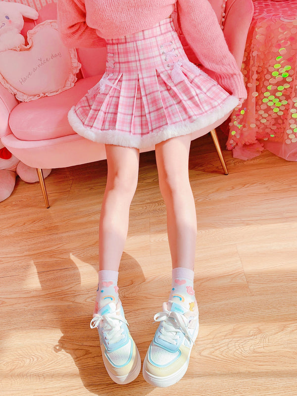 Pink Plaid Pleated Skirt with Plush Edge