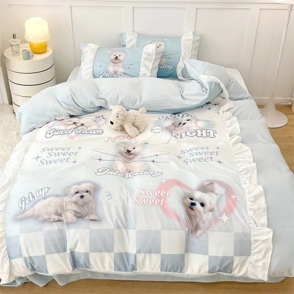 Aesthetic Kitty and Puppy Pink Ruffle Edge Flannel Bedding Duvet Cover Set Single Twin Queen Size