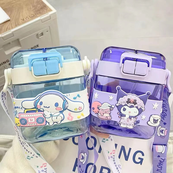 Hello Kitty Kuromi Cinnamoroll Inspired Square Shaped Travel Bottle with Handle and Strap