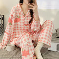 Kirby Inspired Plaid Pink Strawberry Long Sleeve Button Down 2 Pcs Pajama Set