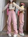 Pink K-pop Kawaii Cute Aesthetic Drawstring Cargo Sweatpants