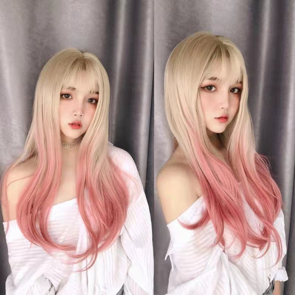Long Straight Remy Hair Gradient Pink and Blonde Wig with Bangs
